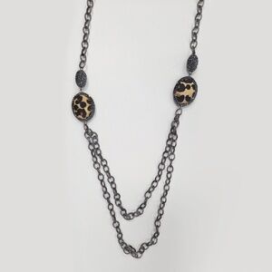 Leopard Print Necklace Gunmetal Chain Long